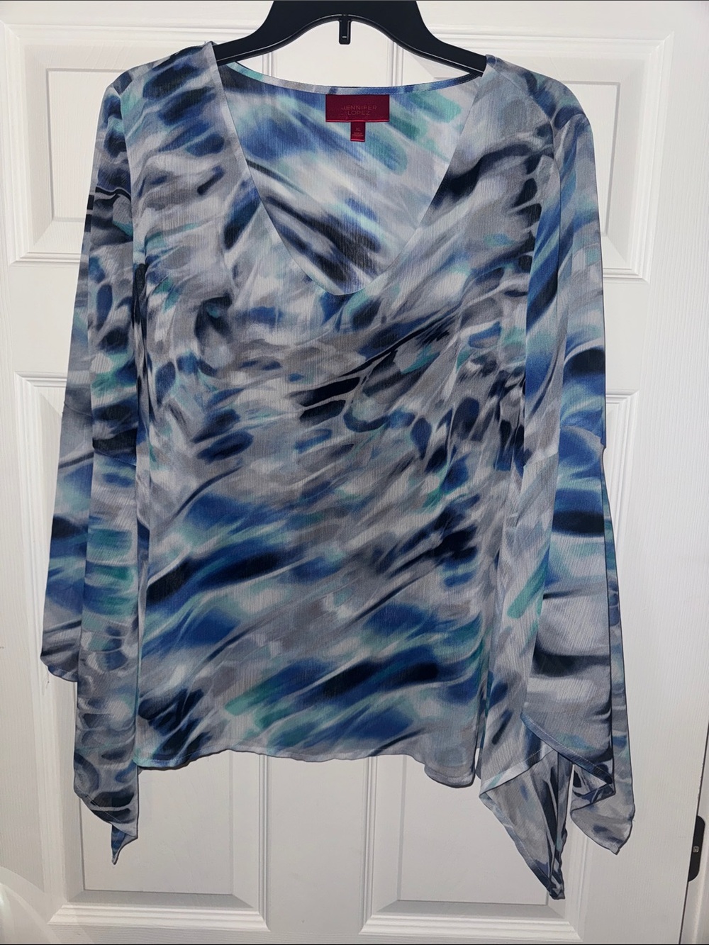 Jennifer Lopez Blue and Gray Abstract V-Neck Blouse